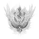 A phoenix rising from flames with a background of financial charts tattoo design idea