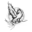 A phoenix rising from flames with a background of financial charts tattoo design idea