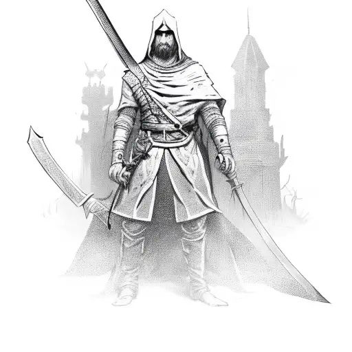 the main character from the game blasphemous with a sword, in full height tattoo design idea