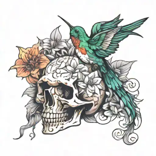 Hummingbird on a skull with flowers tattoo design idea