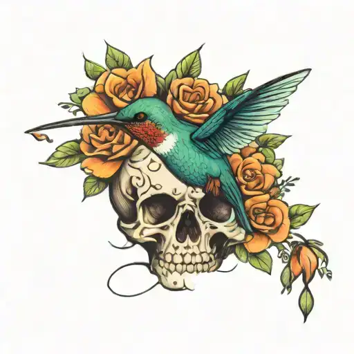 Hummingbird on a skull with flowers tattoo design idea