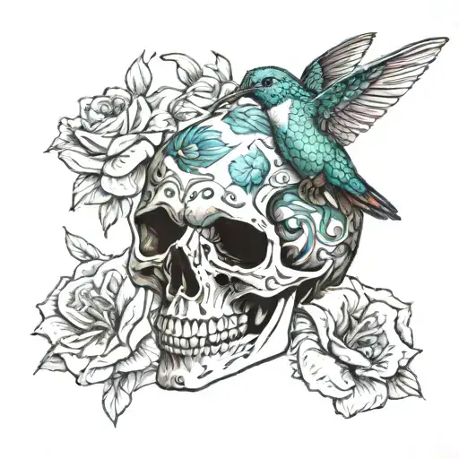 Hummingbird on a skull with flowers tattoo design idea