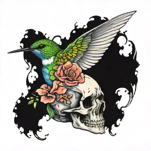 Hummingbird on a skull with flowers tattoo design idea