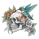 Hummingbird on a skull with flowers tattoo design idea