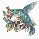 Hummingbird on a skull with flowers tattoo design idea