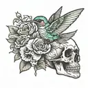Hummingbird on a skull with flowers tattoo design idea