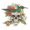 Hummingbird on a skull with flowers tattoo design idea