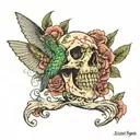Hummingbird on a skull with flowers tattoo design idea