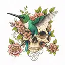 Hummingbird on a skull with flowers tattoo design idea