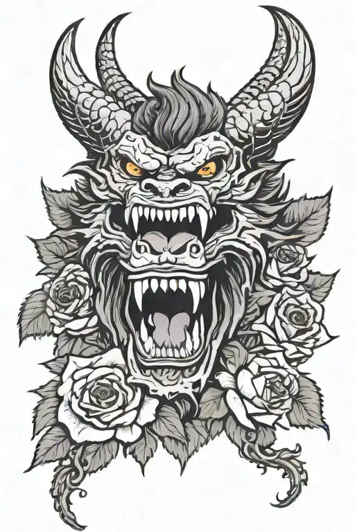 zodd the immortal from Berserk, flowers roses and lotus flower, main color black and red tattoo design idea
