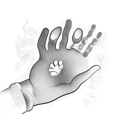 big dog paw in woman's hand and flowers tattoo design idea