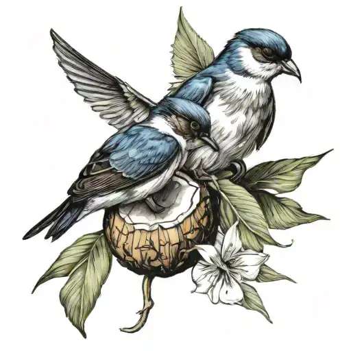 two swallows carring a coconut   tattoo design idea