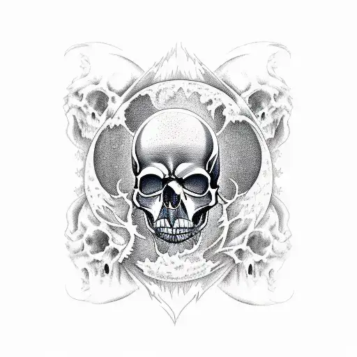 tattoo design of a skull , a cemetery, with the moon and lightning coming from the sky tattoo design idea