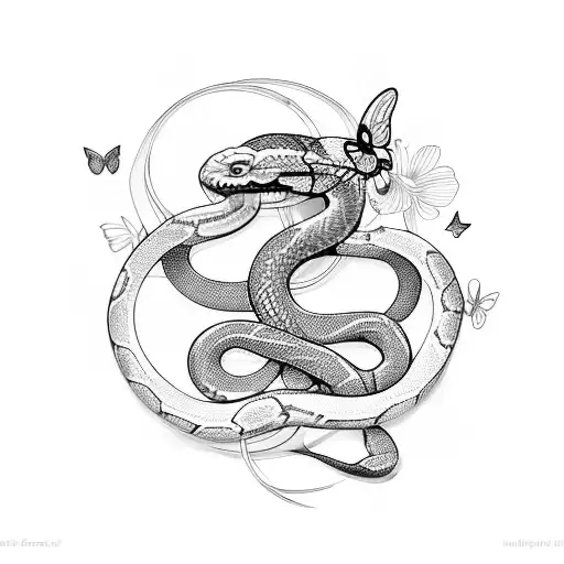 A pole dancer gracefully wrapped around a large snake, with flowers and butterflies surrounding them tattoo design idea