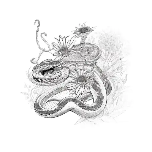 A pole dancer gracefully wrapped around a large snake, with flowers and butterflies surrounding them tattoo design idea