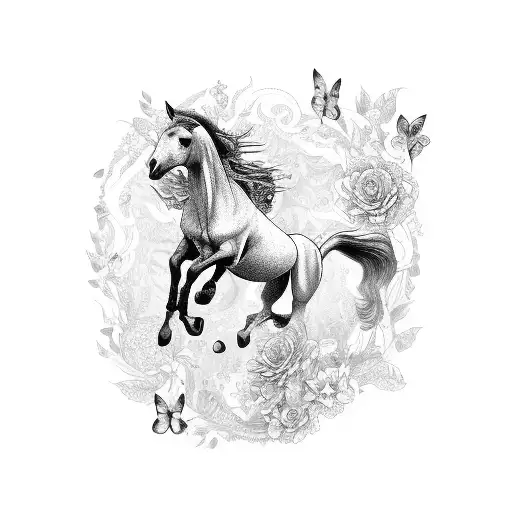 A horse jumping over a pole with snake patterns on its body, surrounded by flowers and butterflies tattoo design idea
