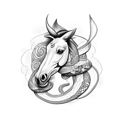 A horse jumping over a pole with snake patterns on its body, surrounded by flowers and butterflies tattoo design idea