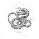 A pole dancer gracefully wrapped around a large snake, with flowers and butterflies surrounding them tattoo design idea