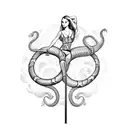 A pole dancer gracefully wrapped around a large snake, with flowers and butterflies surrounding them tattoo design idea