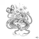 A pole dancer gracefully wrapped around a large snake, with flowers and butterflies surrounding them tattoo design idea