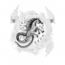 A horse jumping over a pole with snake patterns on its body, surrounded by flowers and butterflies tattoo design idea