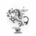 A horse jumping over a pole with snake patterns on its body, surrounded by flowers and butterflies tattoo design idea