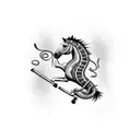 A horse jumping over a pole with snake patterns on its body, surrounded by flowers and butterflies tattoo design idea