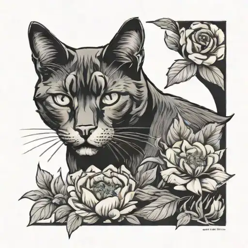 big black cat on the flower tattoo design idea