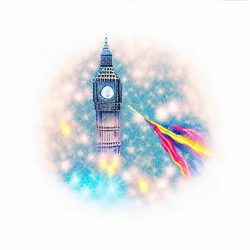 Big ben rocket flying in the galaxy tattoo design idea