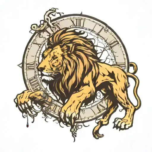 I would like a tattoo that represents a Lion of Judah, coming out of a broken clock, below beautiful and very realistic  tattoo design idea