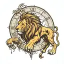 I would like a tattoo that represents a Lion of Judah, coming out of a broken clock, below beautiful and very realistic  tattoo design idea