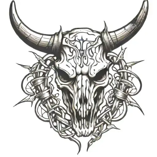bull skull with barbed wire tattoo design idea