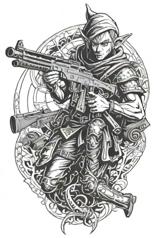 battle elf with ak47, shadow, maximum details tattoo design idea