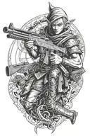 battle elf with ak47, shadow, maximum details tattoo design idea