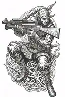 battle elf with ak47, shadow, maximum details tattoo design idea