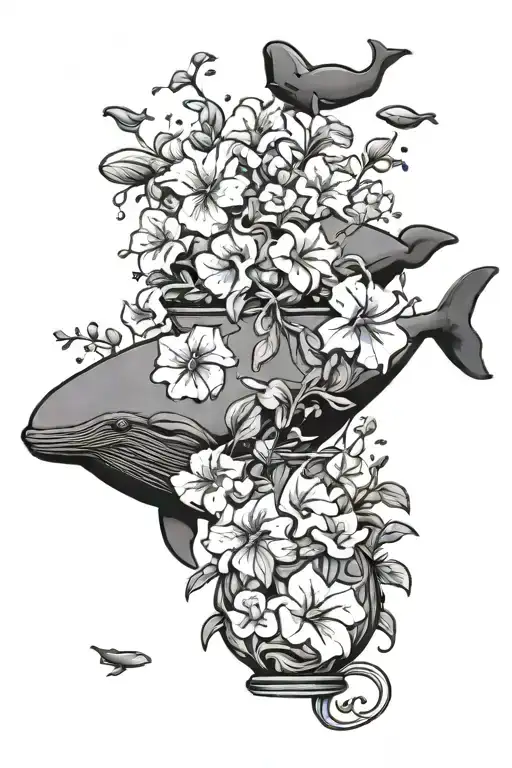 Sperm whale and vase of petunias falling from the sky tattoo design idea