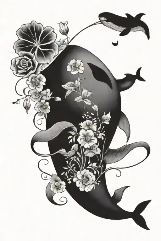 Sperm whale and vase of petunias falling from the sky tattoo design idea
