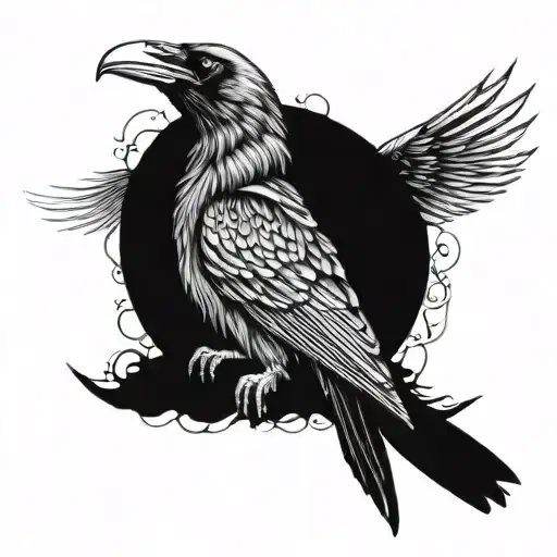 Raven with skull on chest looking up with wings half open, sinister and gothic, darkness tattoo design idea