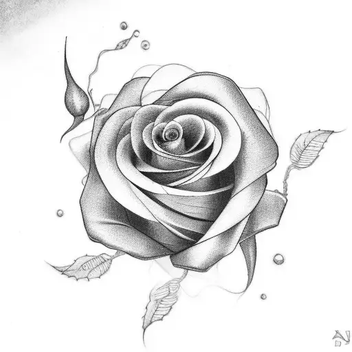 A tattoo of a beautiful black and grey rose entwined with a delicate lace pattern tattoo design idea