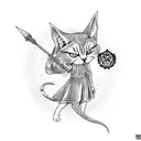 A witchy succubus casting spells with her feline familiar which has a purple pentacle on it's head tattoo design idea