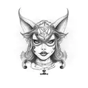 A witchy succubus casting spells with her feline familiar which has a purple pentacle on it's head tattoo design idea