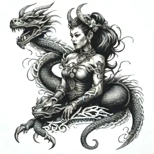 goddess Freya wrapped in chinese dragon with scorpions and minnie mouse in the background tattoo design idea