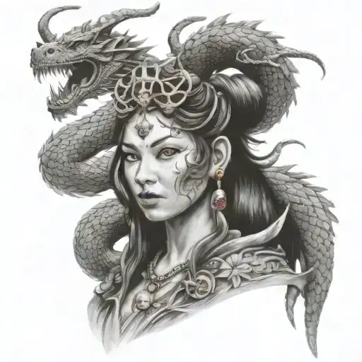goddess Freya wrapped in chinese dragon with scorpions and minnie mouse sat on the dragon tattoo design idea