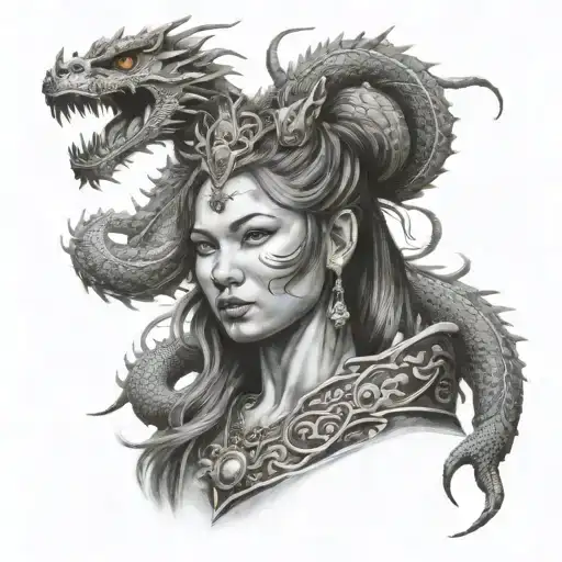 goddess Freya wrapped in chinese dragon. a scorpion and a mouse on the dragon  tattoo design idea