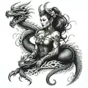 goddess Freya wrapped in chinese dragon with scorpions and minnie mouse in the background tattoo design idea