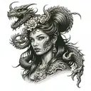goddess Freya wrapped in chinese dragon with scorpions and minnie mouse in the background tattoo design idea