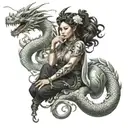 goddess Freya wrapped in chinese dragon with scorpions and minnie mouse in the background tattoo design idea