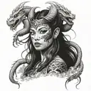 goddess Freya wrapped in chinese dragon with scorpions and minnie mouse in the background tattoo design idea