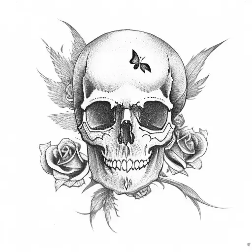 skull with butterfly and roses and crow tattoo design idea