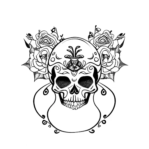 skull with butterfly and roses and crow tattoo design idea